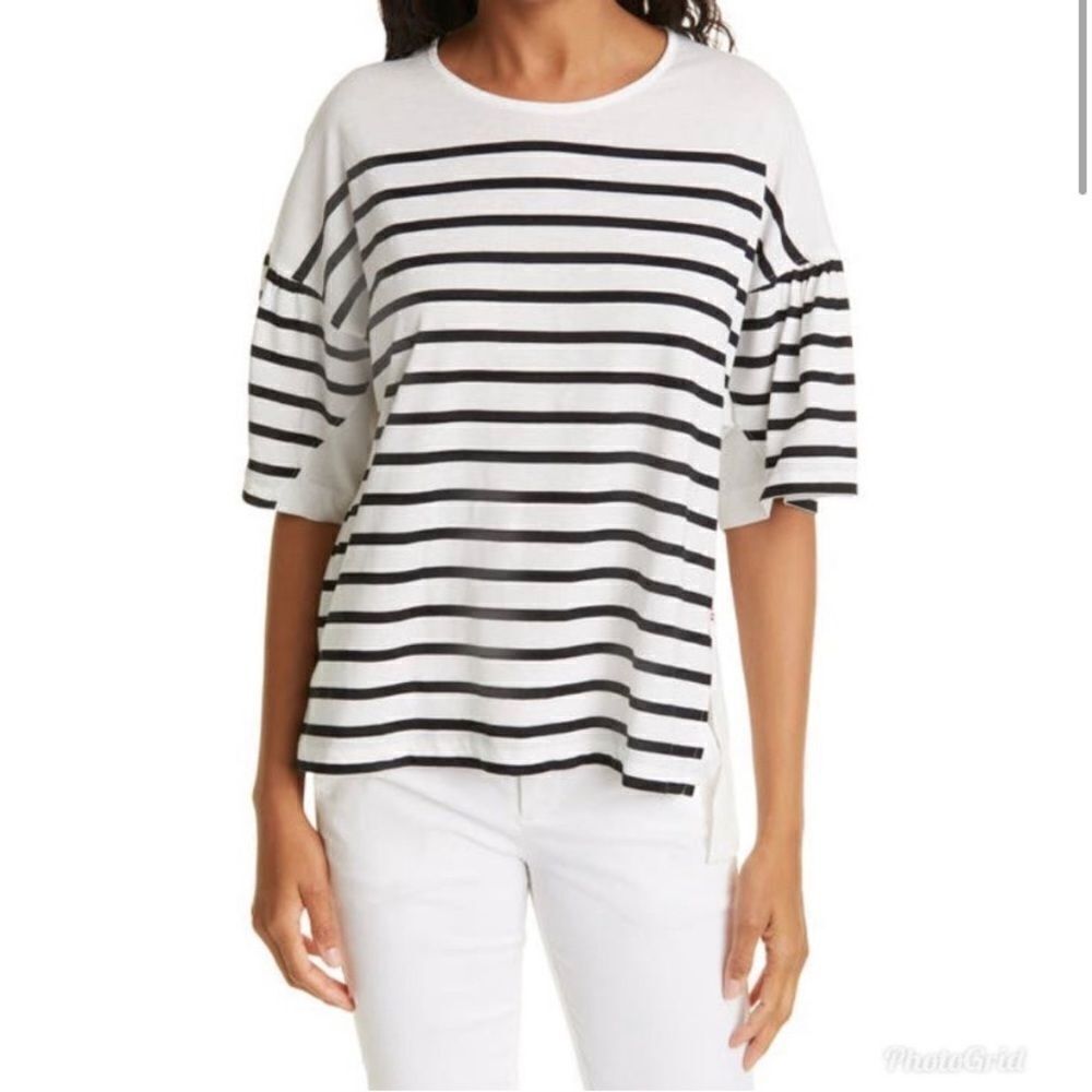 La ligne New York puff sleeve nautical stripe hi low shirt xl coastal preppy